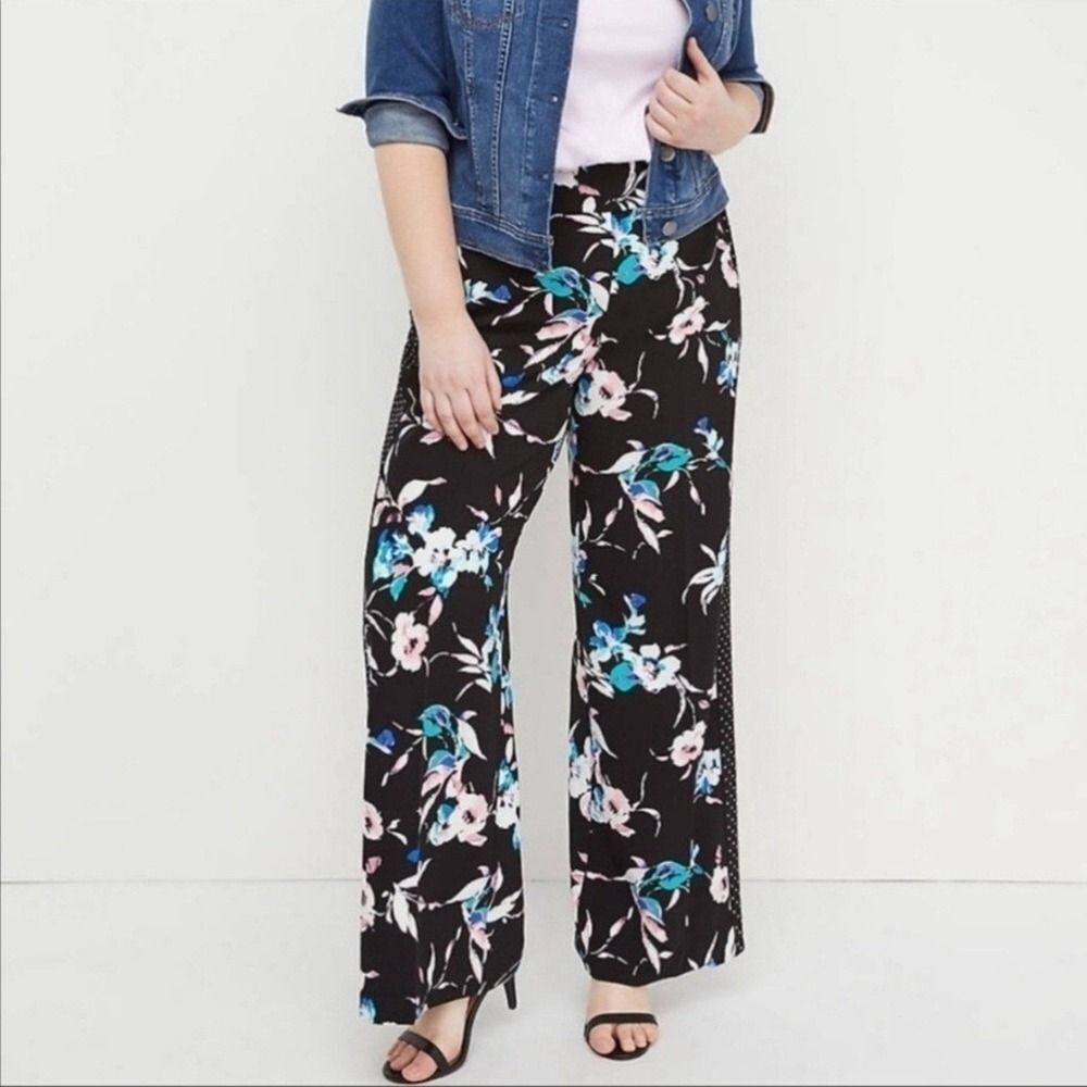 Lane Bryant 22/24 Floral Polka Dot Print Wide Leg Trouser Pants Black Plus Size